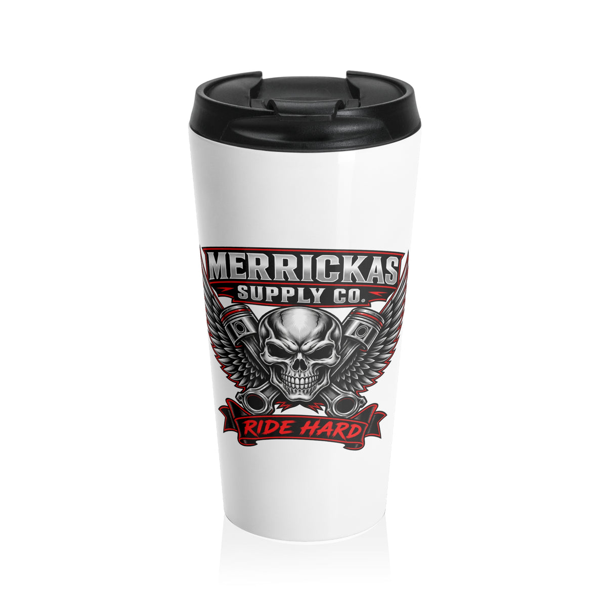 Merrickas Ride Hard Winged Skull Travel Mug