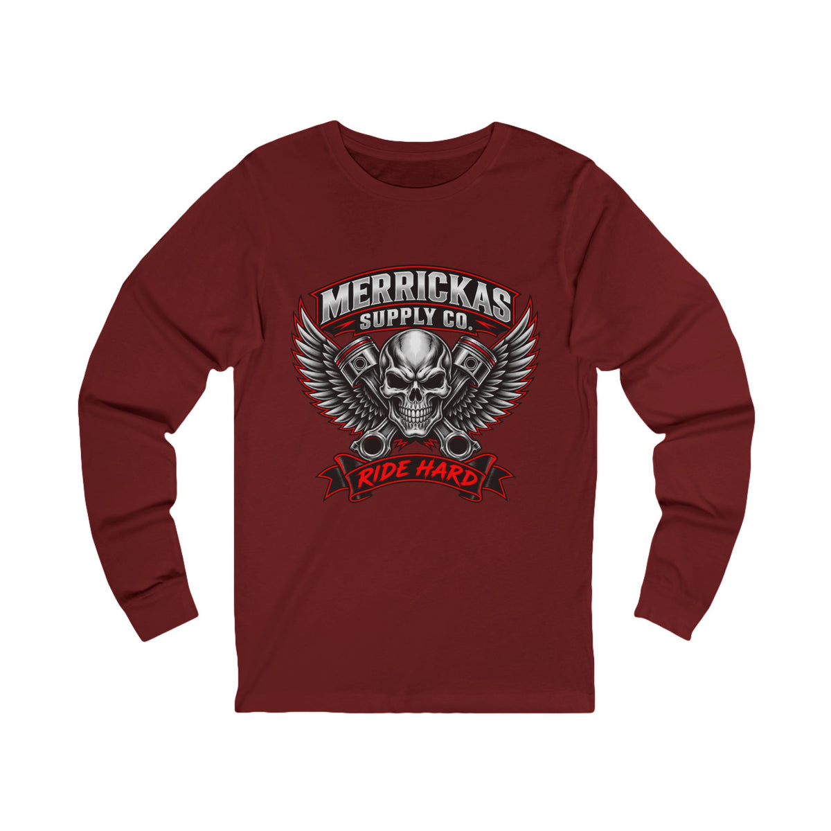 Merrickas Ride Hard Winged Skull Long Sleeve Tee