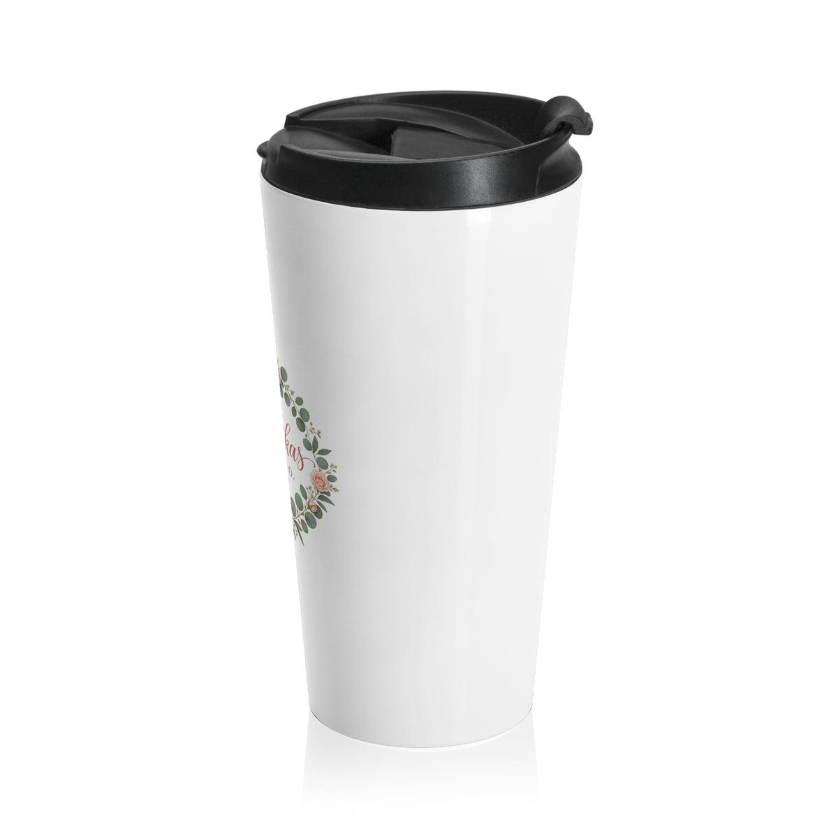 Merrickas Rose Wreath Script Travel Mug