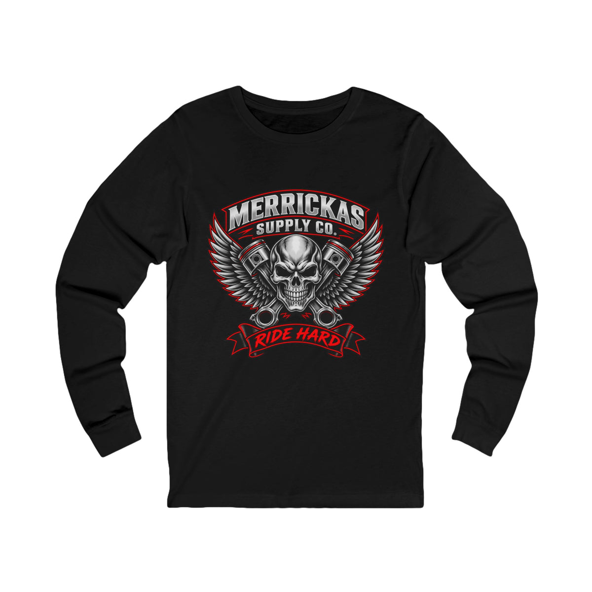Merrickas Ride Hard Winged Skull Long Sleeve Tee