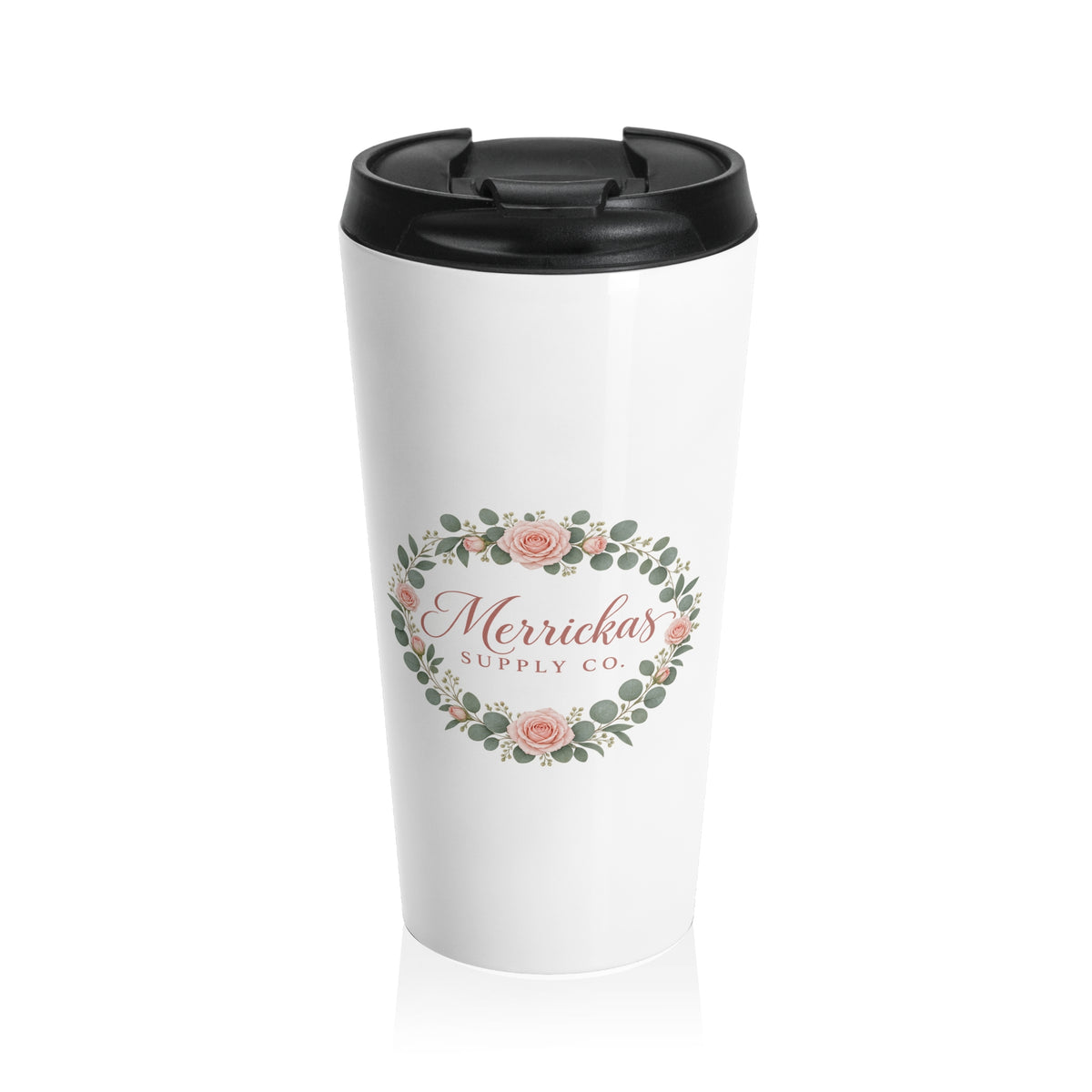 Merrickas Rose Wreath Script Travel Mug