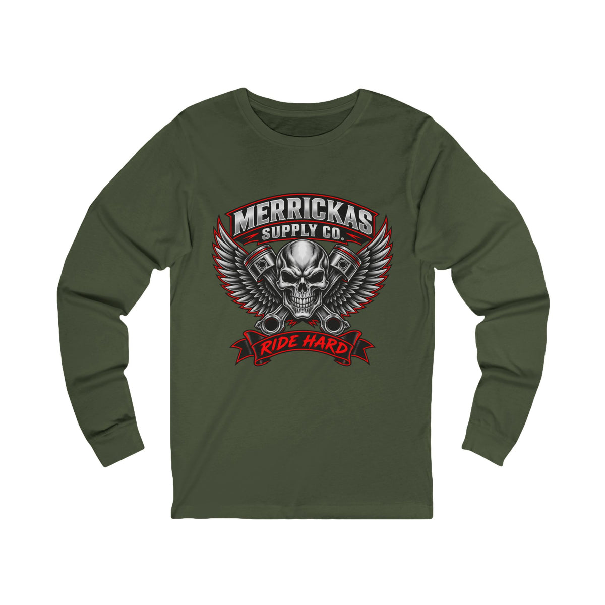 Merrickas Ride Hard Winged Skull Long Sleeve Tee
